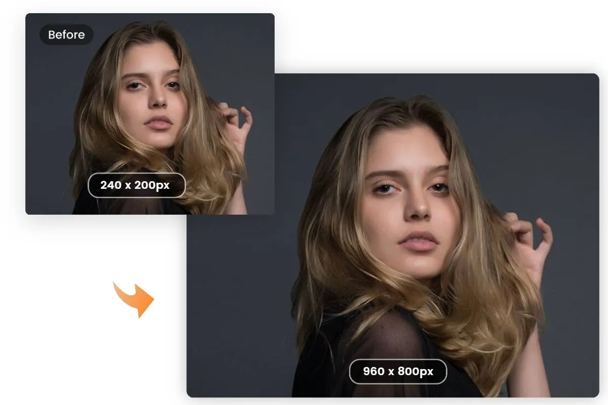 Comparison of a photo before and after AI upscaling, showing improved resolution from 240x200px to 960x800px.