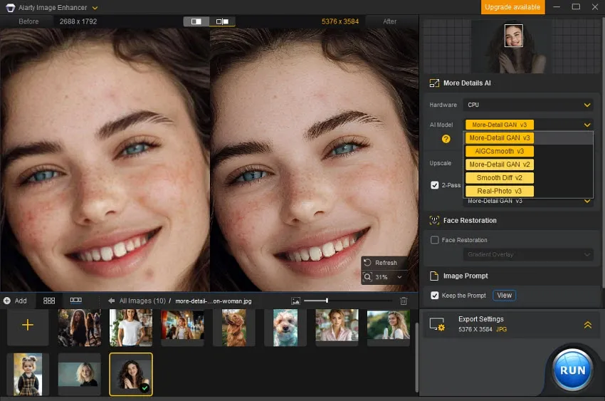 Screenshot of Aiarty Image Enhancer software showing options for upscaling and AI models to enhance image quality.